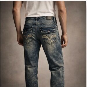 Benjamin Black Mens Jeans 38x32 Acid Wash Distressed‎ Moto Denim Flap Pocket